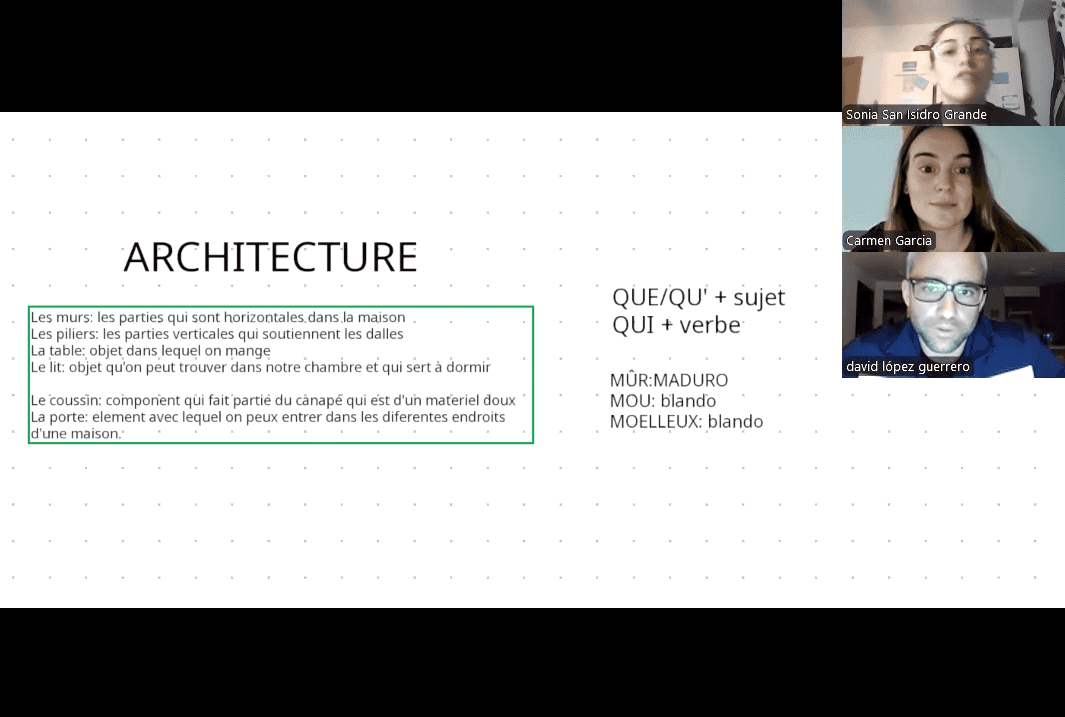 Captura real de una clase en vivo del Plan Francés Express